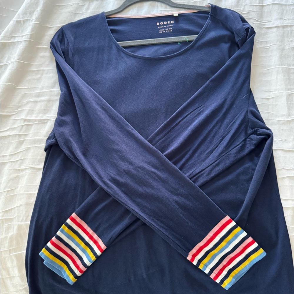 Boden Navy Long Sleeve Tee with Striped Cuffs